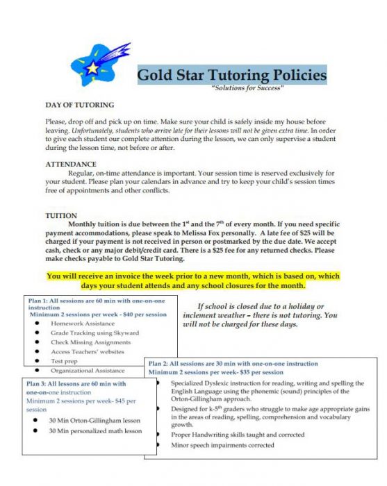 Gold Star Tutoring Policies